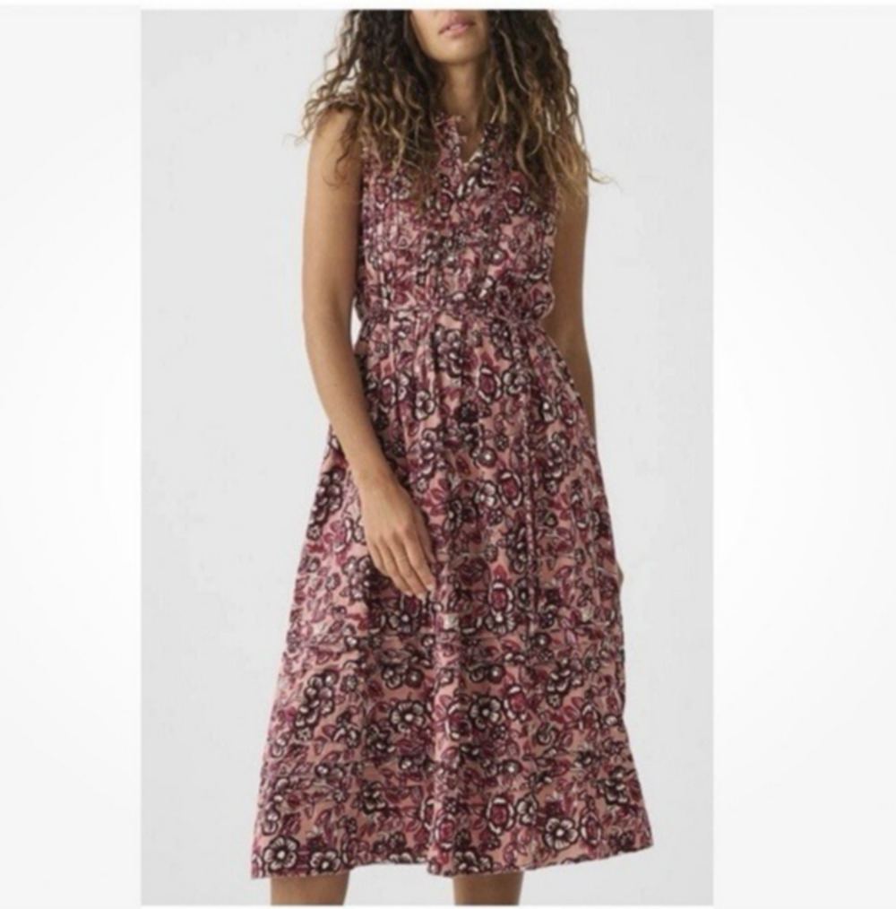 Faherty Isha Floral Linen Blend Midi Dress Large Pink Pintuck Detail Pockets